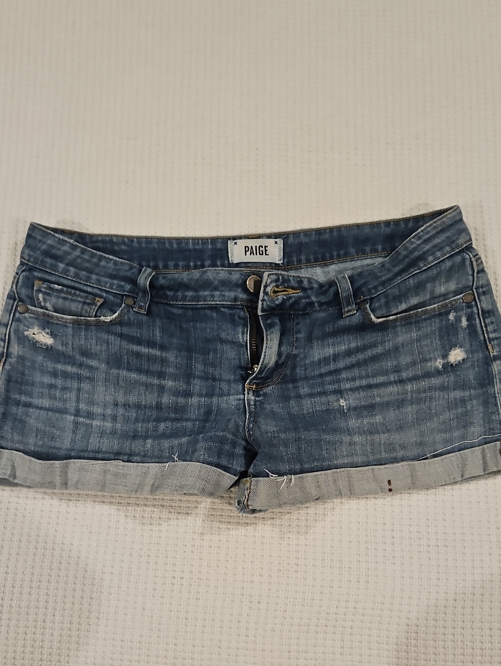 PAIGE Washed Blue Distressed Denim Roll-Cuff Shorts
